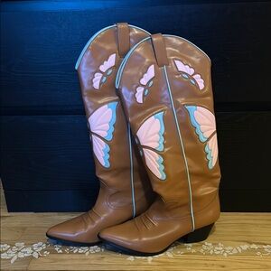 Fashion Nova Brown and Pink Heeled Boots